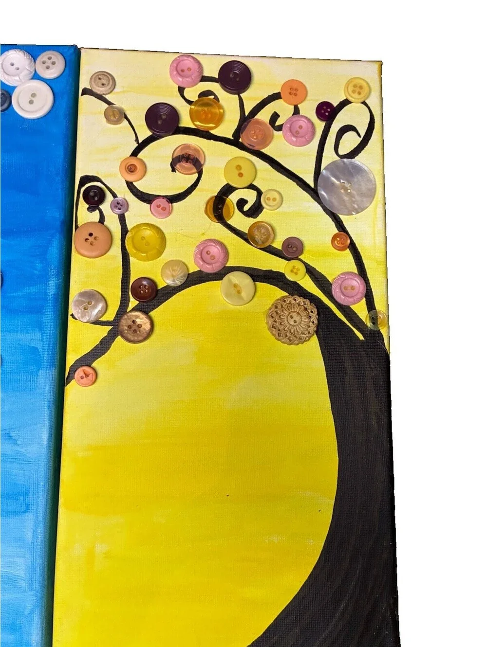 Whimsical Button Tree Canvas Wall Art 4 Piece Set Handmade Folk Art Mixed Media